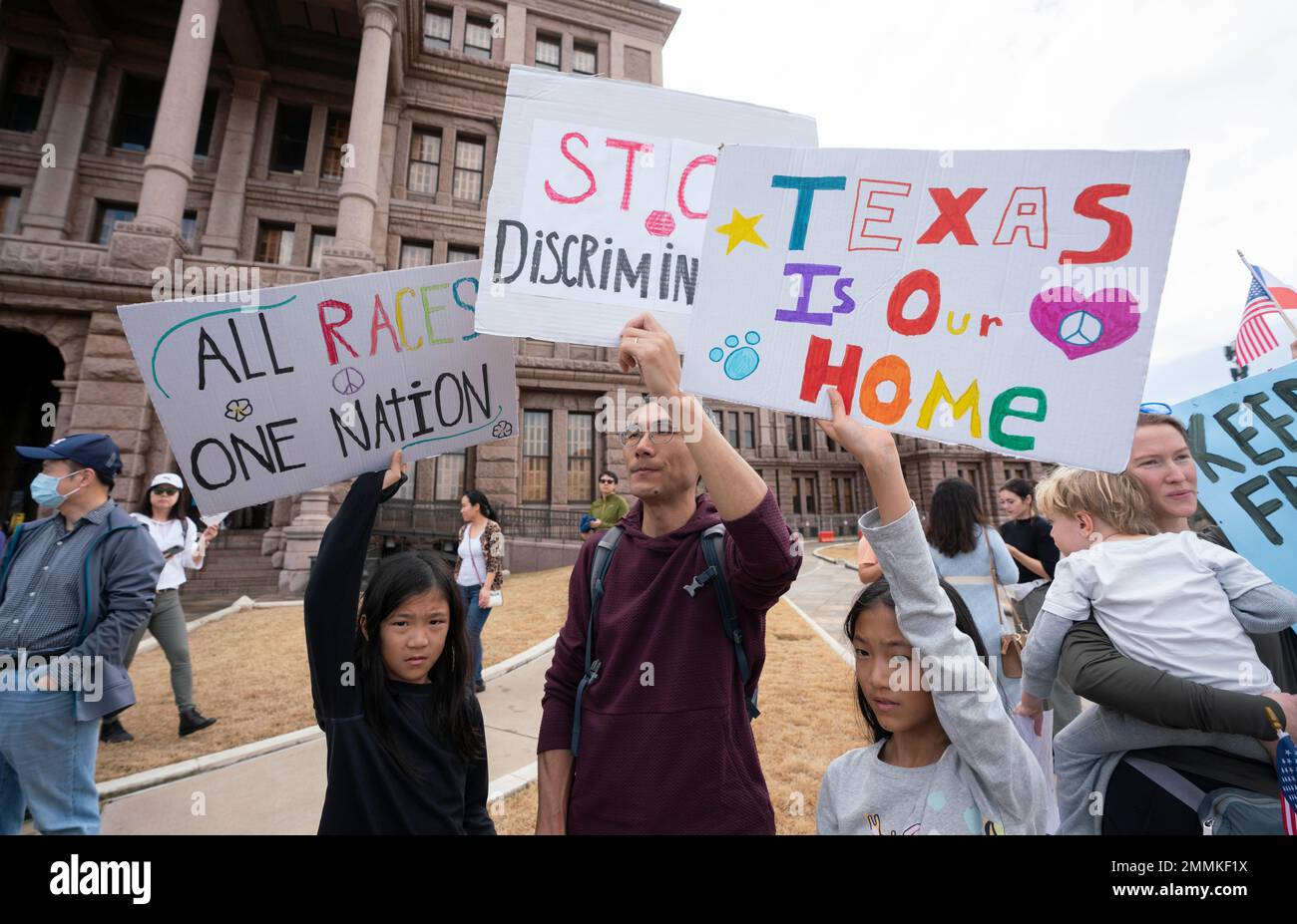 Austin Texas USA, January 29, 2023: A coalition of Texas Asian-American groups protests at the Texas Capitol against bills proposed in the Texas Senate that would restrict ownership of Texas properties from citizens of certain countries including China, Iran, and North Korea. Governor Greg Abbott and his supporters in the Texas Senate are proposing the measures, they say, for security reasons. Credit: Bob Daemmrich/Alamy Live News Stock Photo