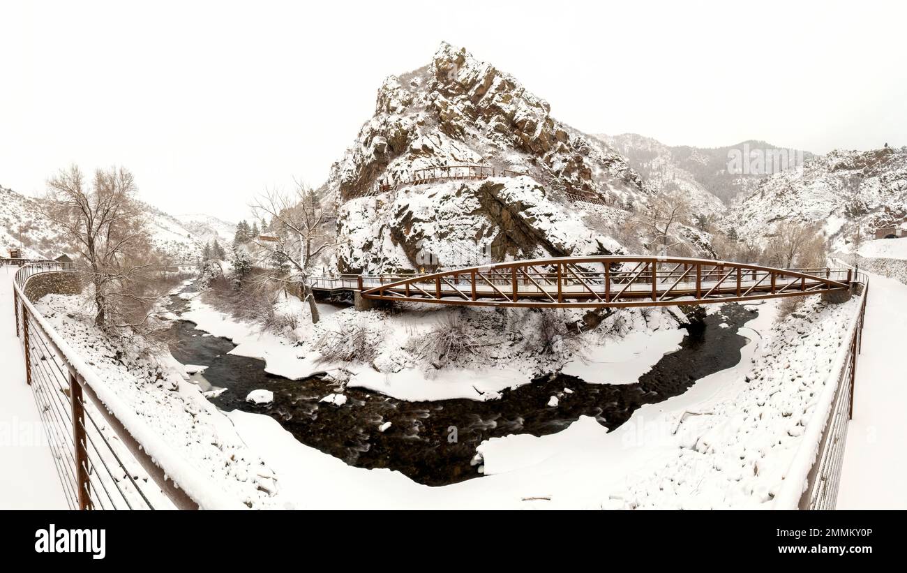 Tough Cuss Bridge in winter on Peaks to Plains Trail in Clear Creek Canyon - near Golden, Colorado, USA [Panoramic Image] Stock Photo