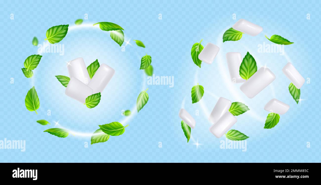 Swirls of chewing gums and mint leaves flying on wind. Concept of fresh