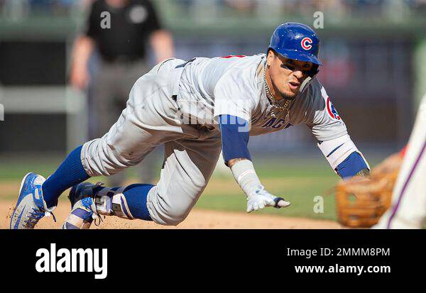 Chicago Cubs Javier Baez 9 in action during a baseball game against the Chicago Cubs Sunday Sept. 2 2018 in Philadelphia. The Cubs won 8 1. AP Photo Laurence Kesterson Stock Photo Alamy