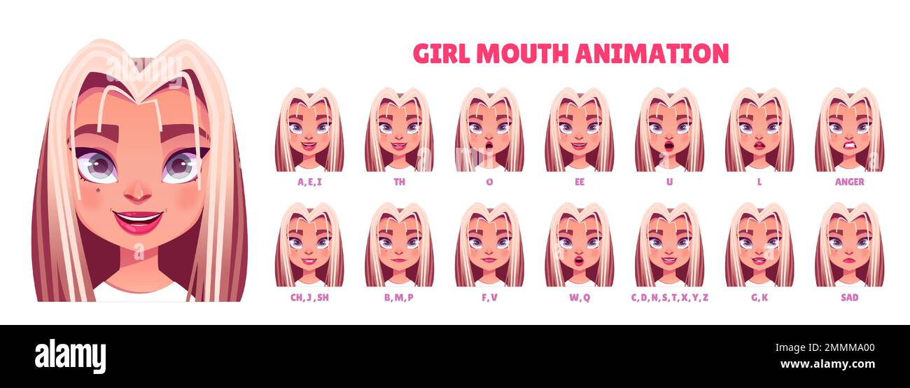 Blonde teen girl mouth animation set isolated on white background. Lip sync collection. Vector cartoon illustration of female teenager pronouncing different sounds, angry and sad face expressions Stock Vector