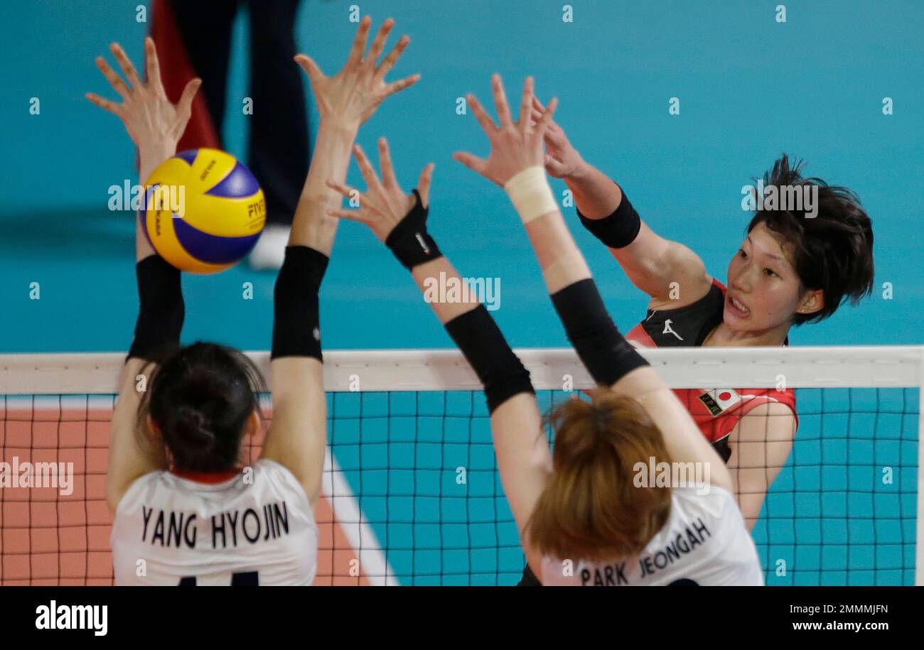 Japan's Yurie Nabeya plays against Korea during the women's volleyball