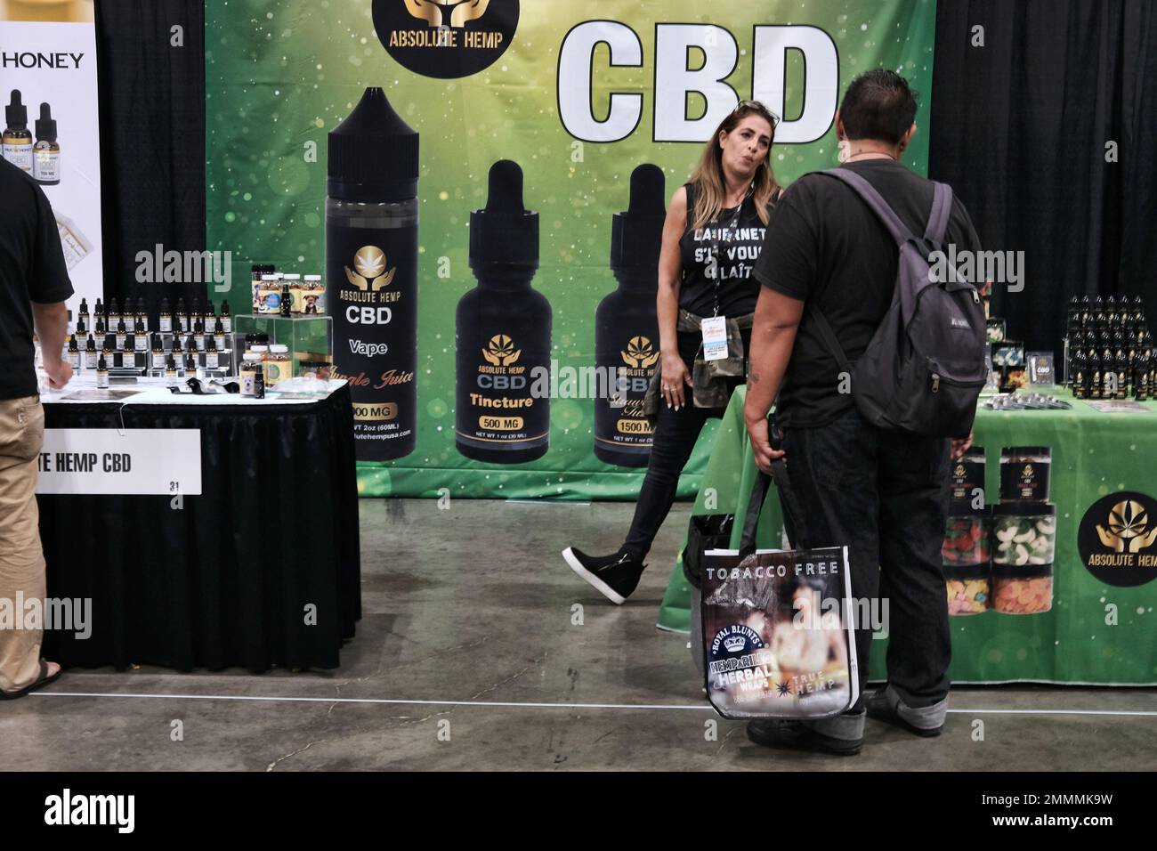 This Friday, Aug. 31, 2108 photo Absolute Vape display their CBD cannabis  products at the Big Industry Show at the Los Angeles Convention Center. The  show displayed some of the industry's leading