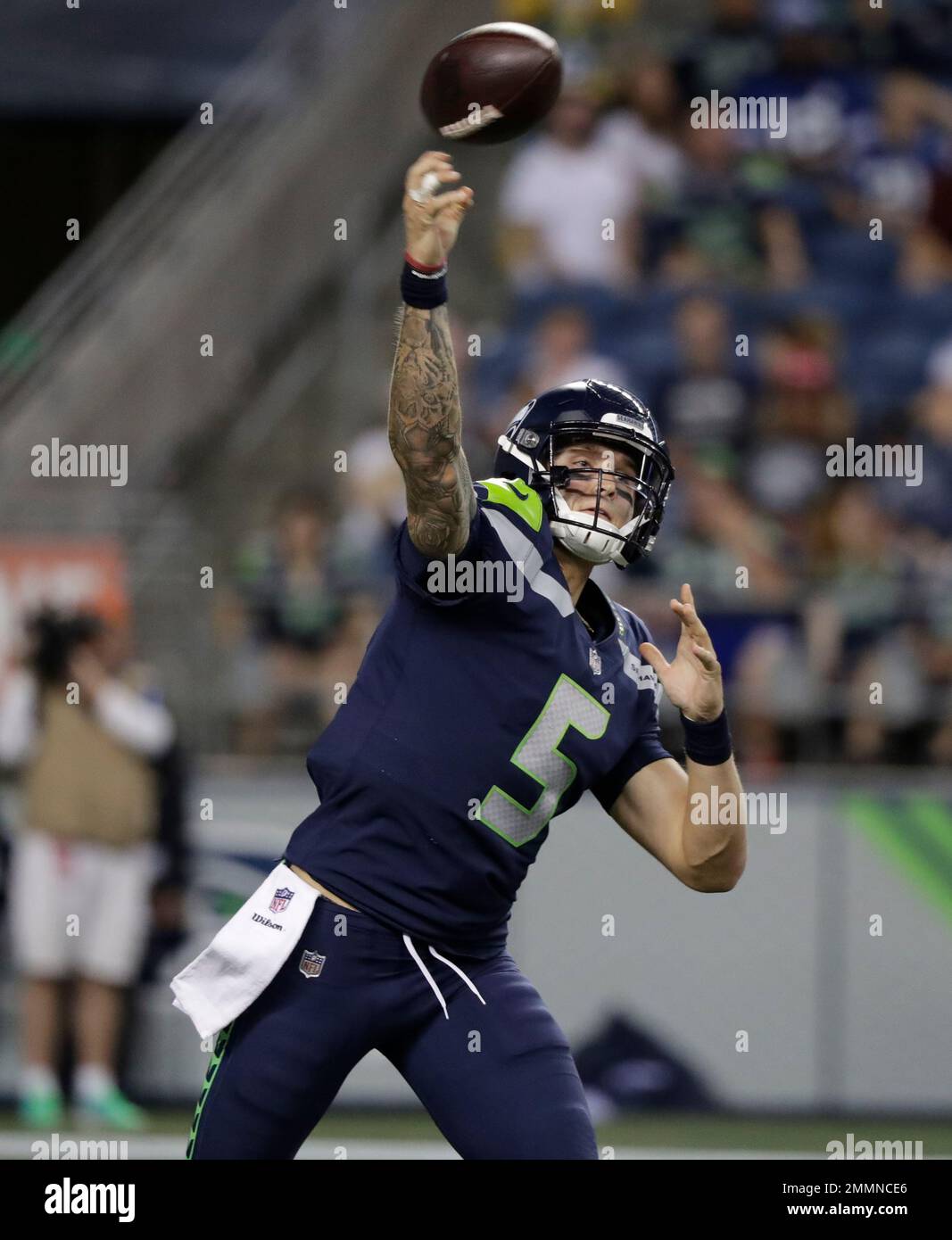 Seattle Seahawks backup quarterback Alex McGough passes against the