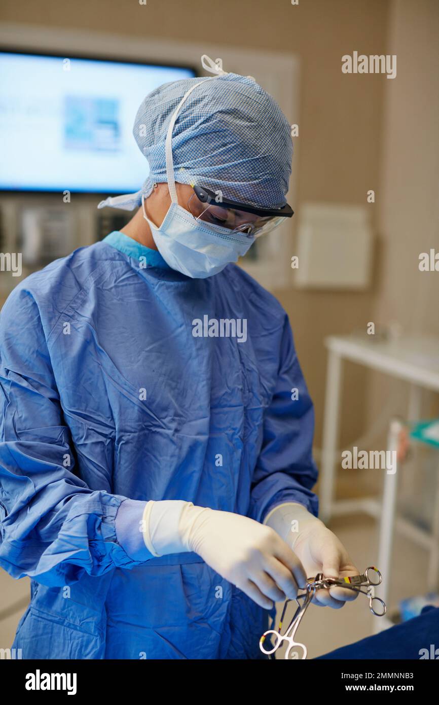 Shes a gifted young surgeon. a surgeon preparing her tools for a surgical operation. Stock Photo