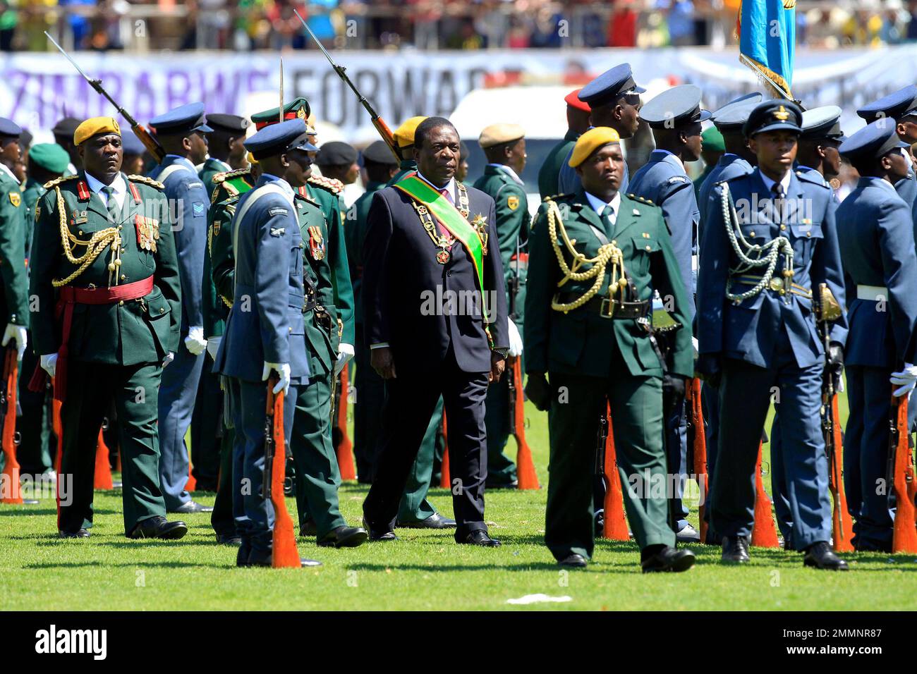 Zimbabwe Inauguration Zimbabwean President Emmerson Mnangagwa, center, inspects the guard of ...
