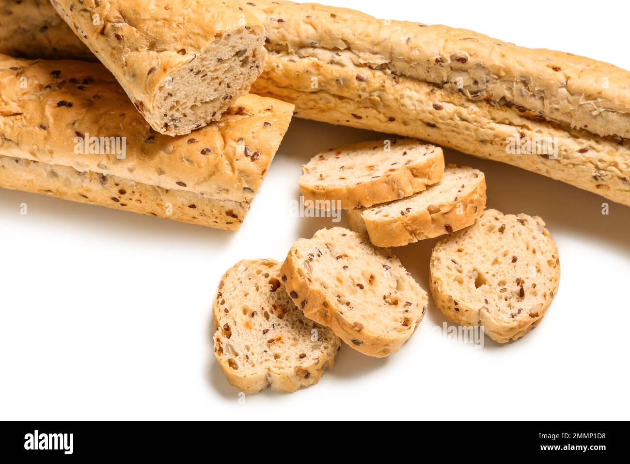 Loaves of delicious baguette isolated on white background Stock Photo ...