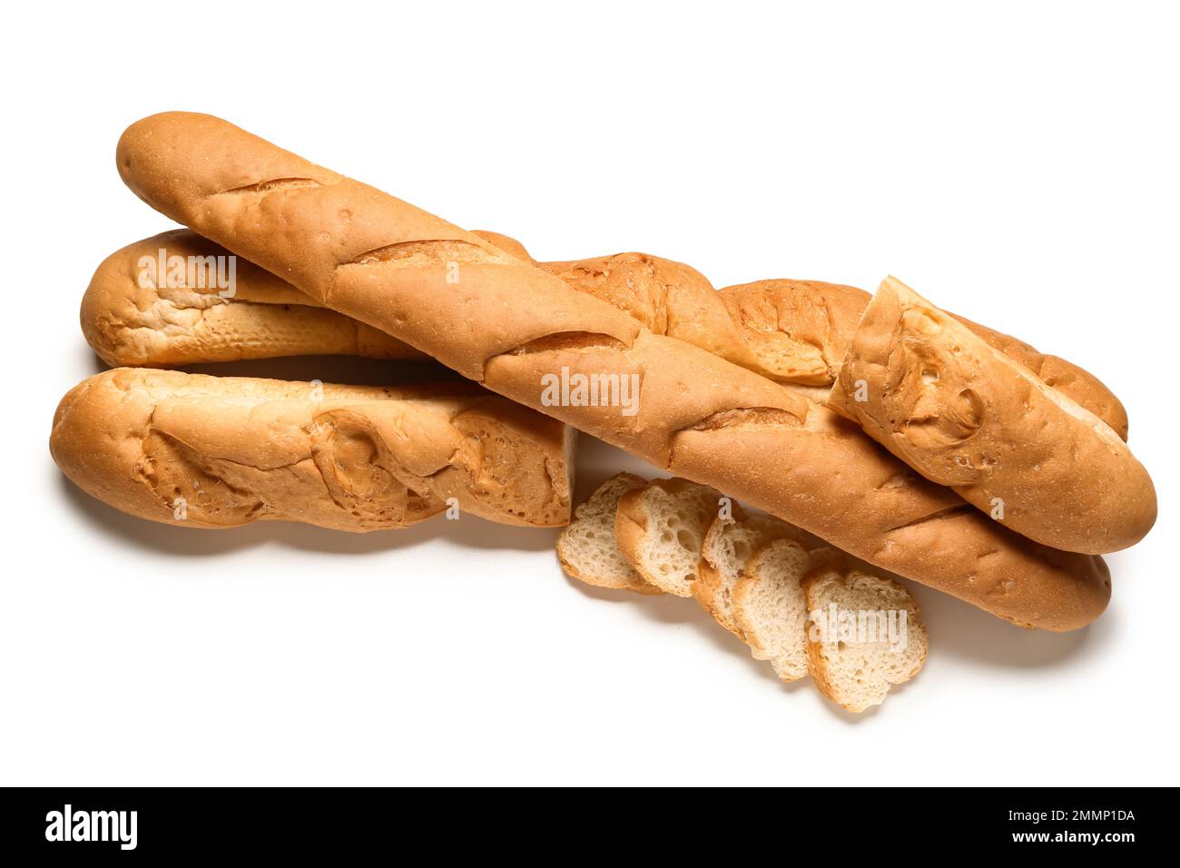Loaves of delicious baguette isolated on white background Stock Photo ...
