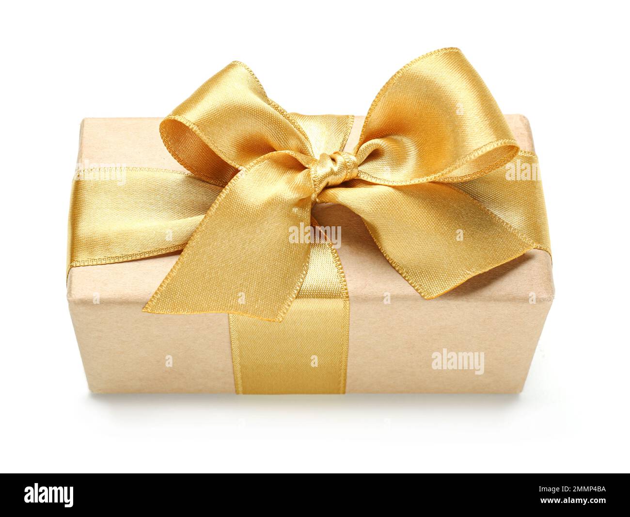 Gift box with golden bow on white background Stock Photo - Alamy