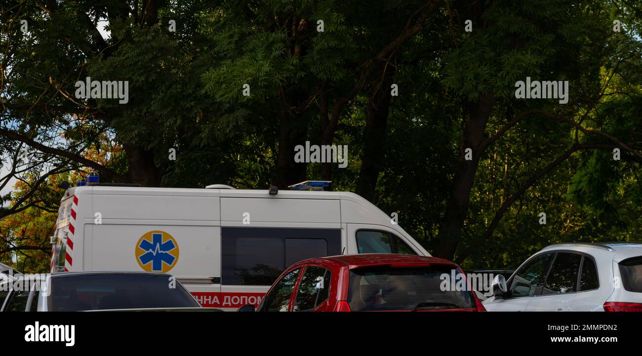 Ambulance car on the road. A resuscitation medical ambulance came to