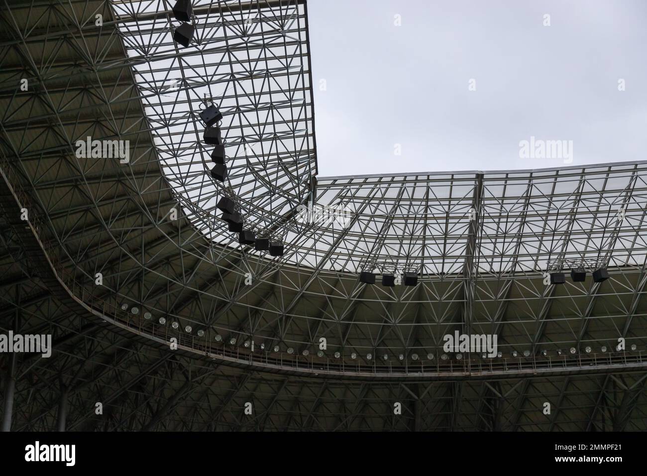 lights and speakers of sport stadium, Soccer football stadium roof