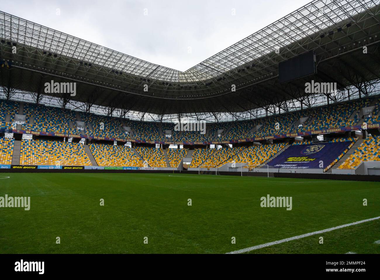 Soccer football field stadium and stadium seats. Stock Photo