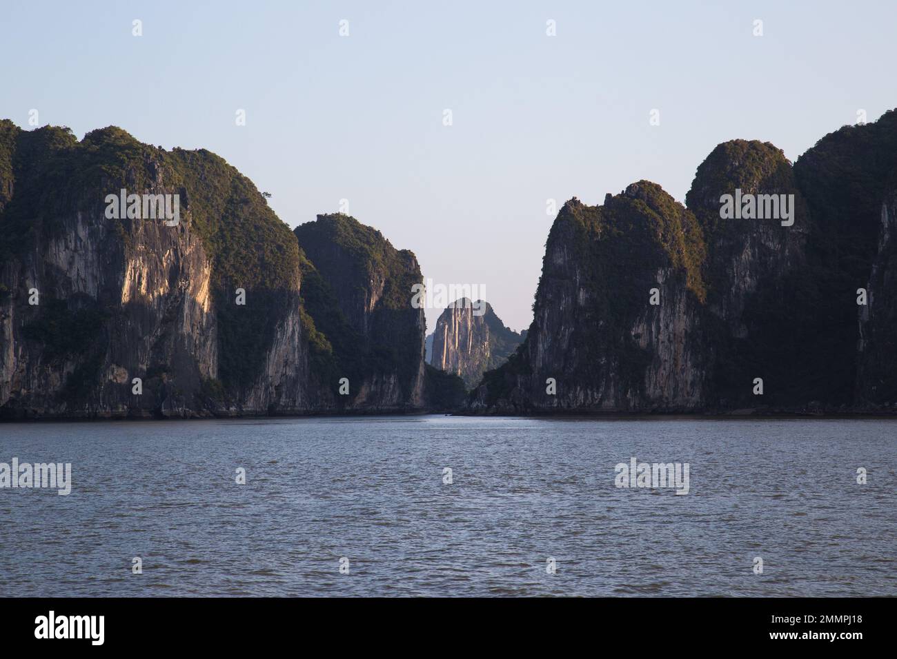 Ha Long Bay ( Halong bay ) View Over Landscape - boats float through the impressive landscape . Ha Long Bay , Vietnam Stock Photo