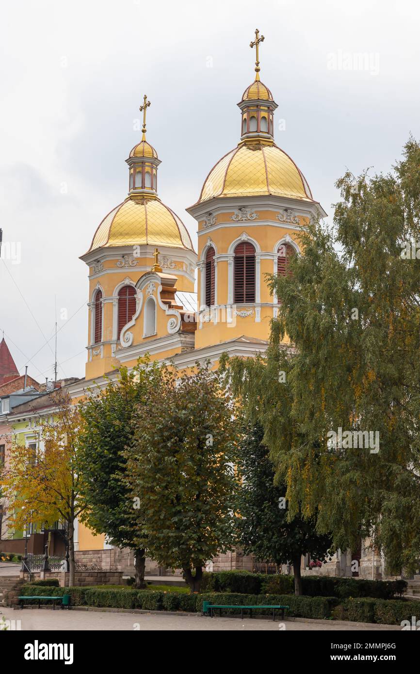 BEREZHANY, UKRAINE Greek Catholic Church of St.Trinity at Market Square in Berezhany, Ternopil region, Ukraine. Stock Photo