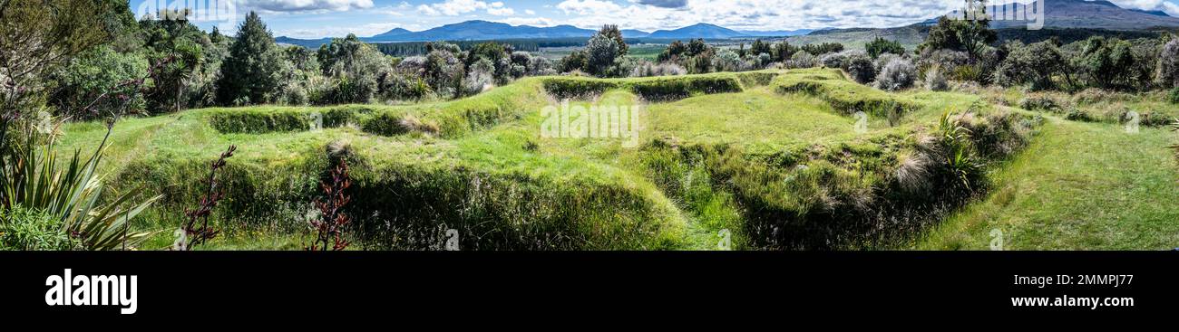 HIstoric Maori earthworks and defensive pa site at upper Te Porere Redoubt, near Turangi, North Island, New Zealand Stock Photo