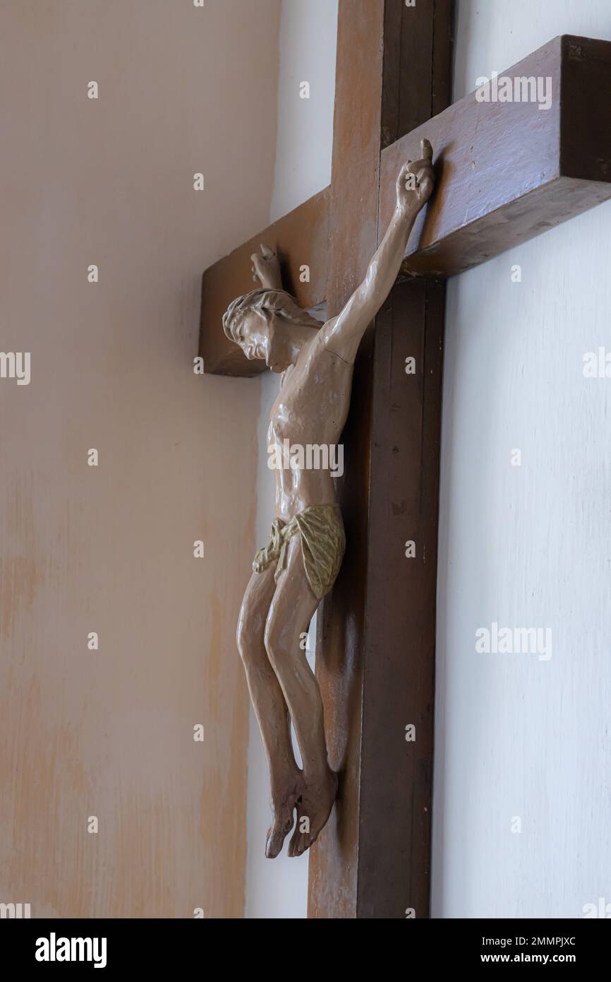 Jesus christ on the cross with Wall background in catholic church Stock ...