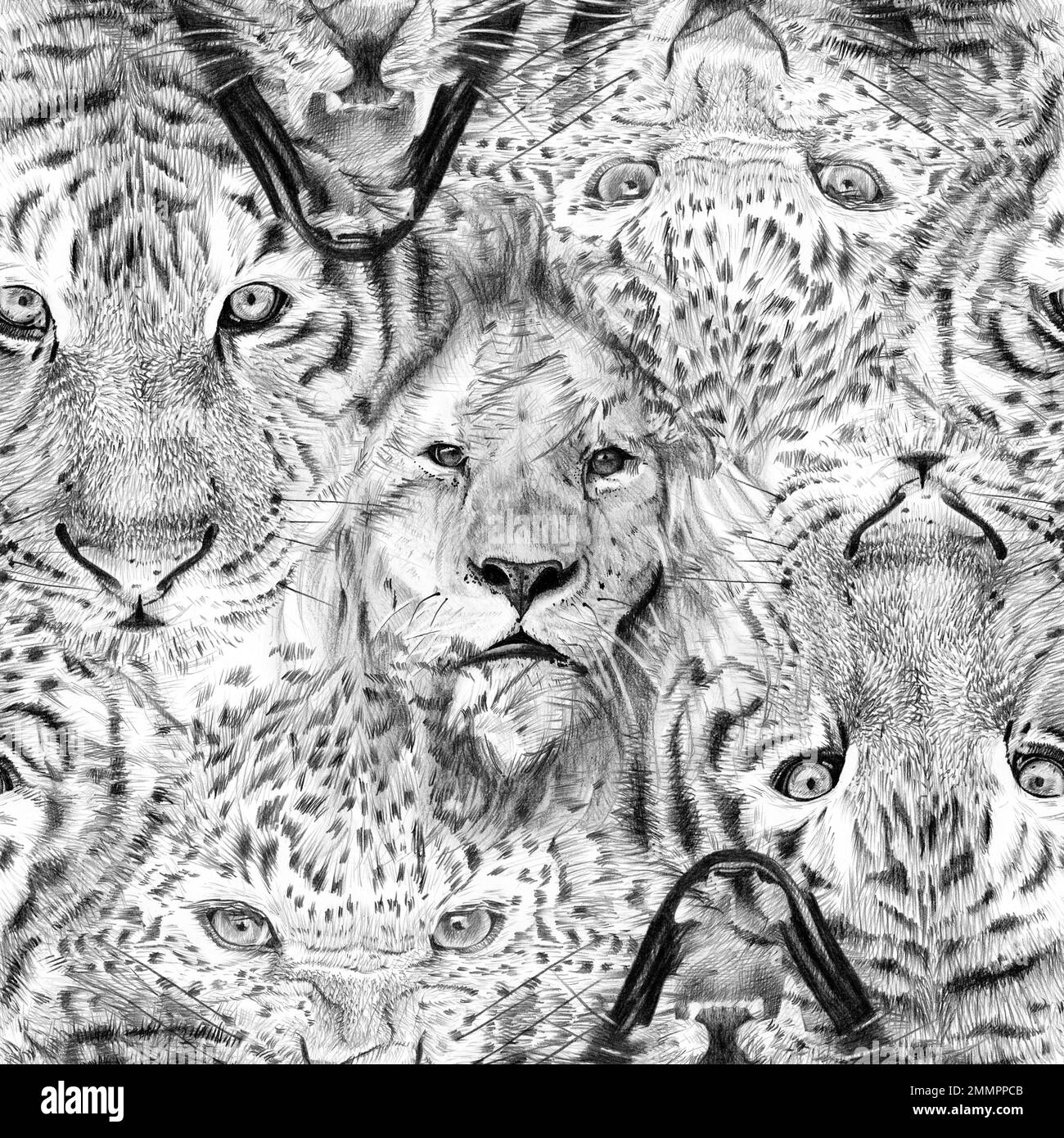 Seamless pattern of hand drawn sketch african animal portraits. Illustration isolated on white background Stock Photo