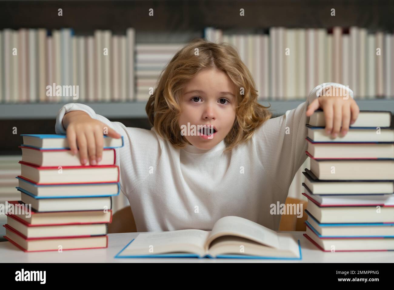Expression school kid with piles of books. Intellectual child, clever