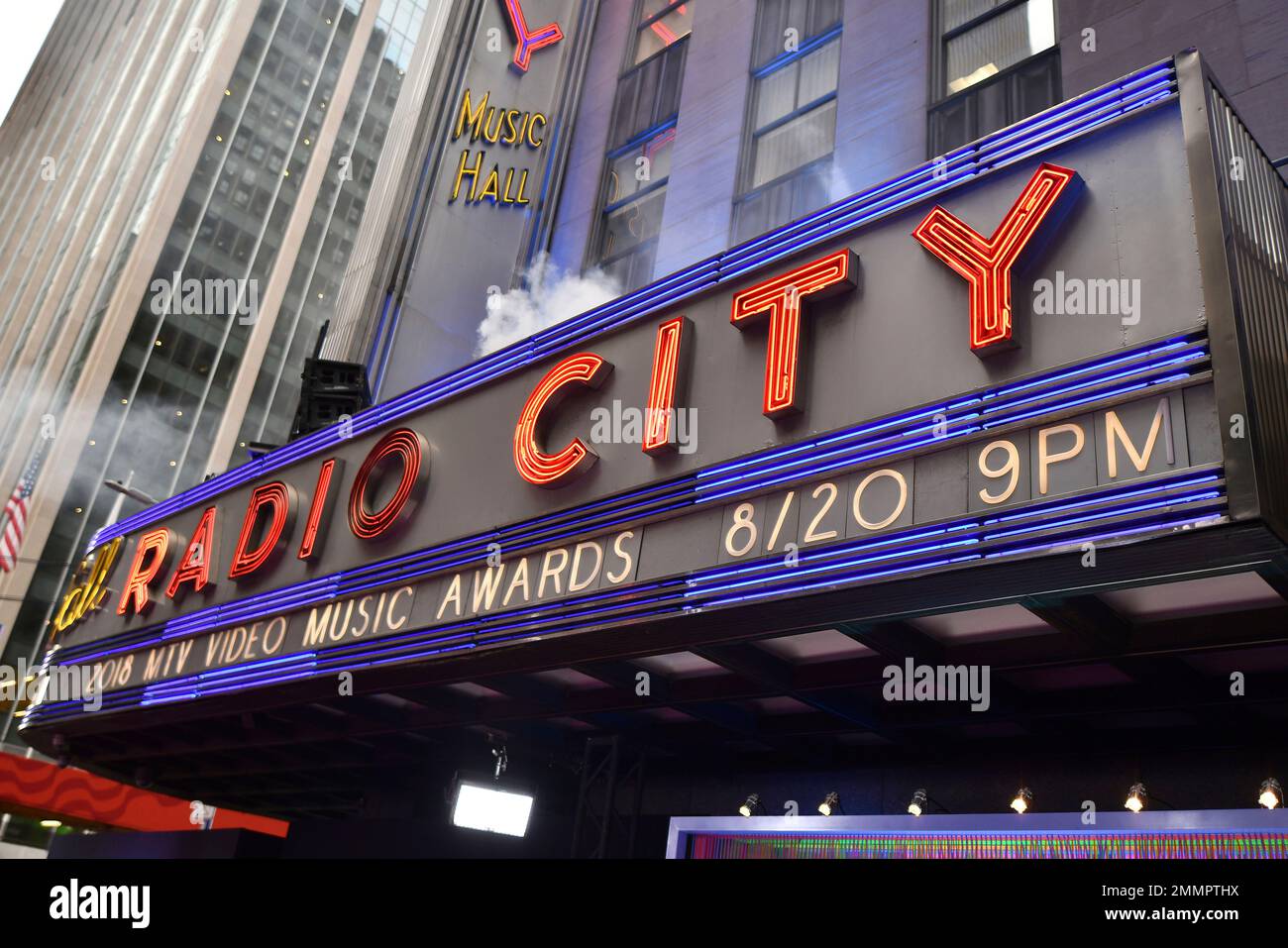 The Radio City Music Hall marquee appears before the start of the MTV ...