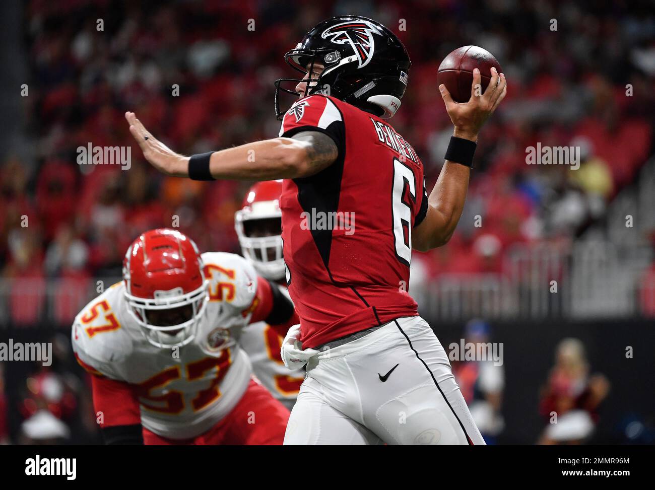 Atlanta Falcons quarterback Kurt Benkert looks to hand off the ball during  the first half of the team's Pro Football Hall of Fame NFL preseason game  against the Denver Broncos, Thursday, Aug.