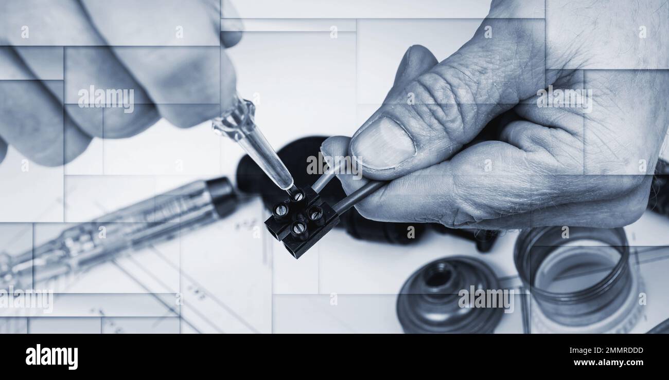Clamping a wire in a connector, geometric pattern Stock Photo
