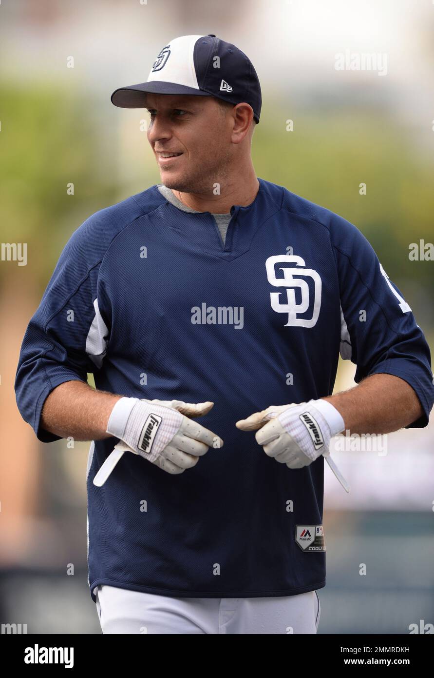 San Diego Padres A.J. Ellis looks on before the baseball game against the Arizona Diamondbacks Thursday Aug. 16 2018 in San Diego. AP Photo Orlando Ramirez Stock Photo Alamy