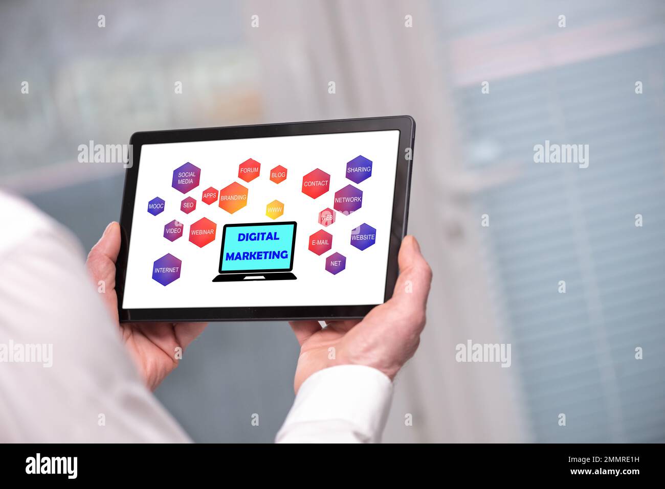 Digital marketing concept shown on a tablet held by a man Stock Photo ...