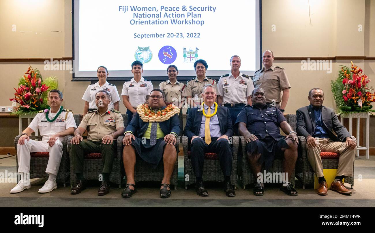 Distinguished guests pose for a photo with U.S. Military and Republic of Fiji Military Forces service members after the closing ceremony of Fiji’s first Women, Peace & Security National Action Plan Orientation Workshop in Suva, Fiji, Sept. 23, 2022. Facilitated by U.S. Indo-Pacific Command, participants from Fijian government and civil society organizations worked together to develop a WPS National Action Plan guided by UN Security Council Resolution (UNSCR) 1325 principles and gender perspective. Stock Photo