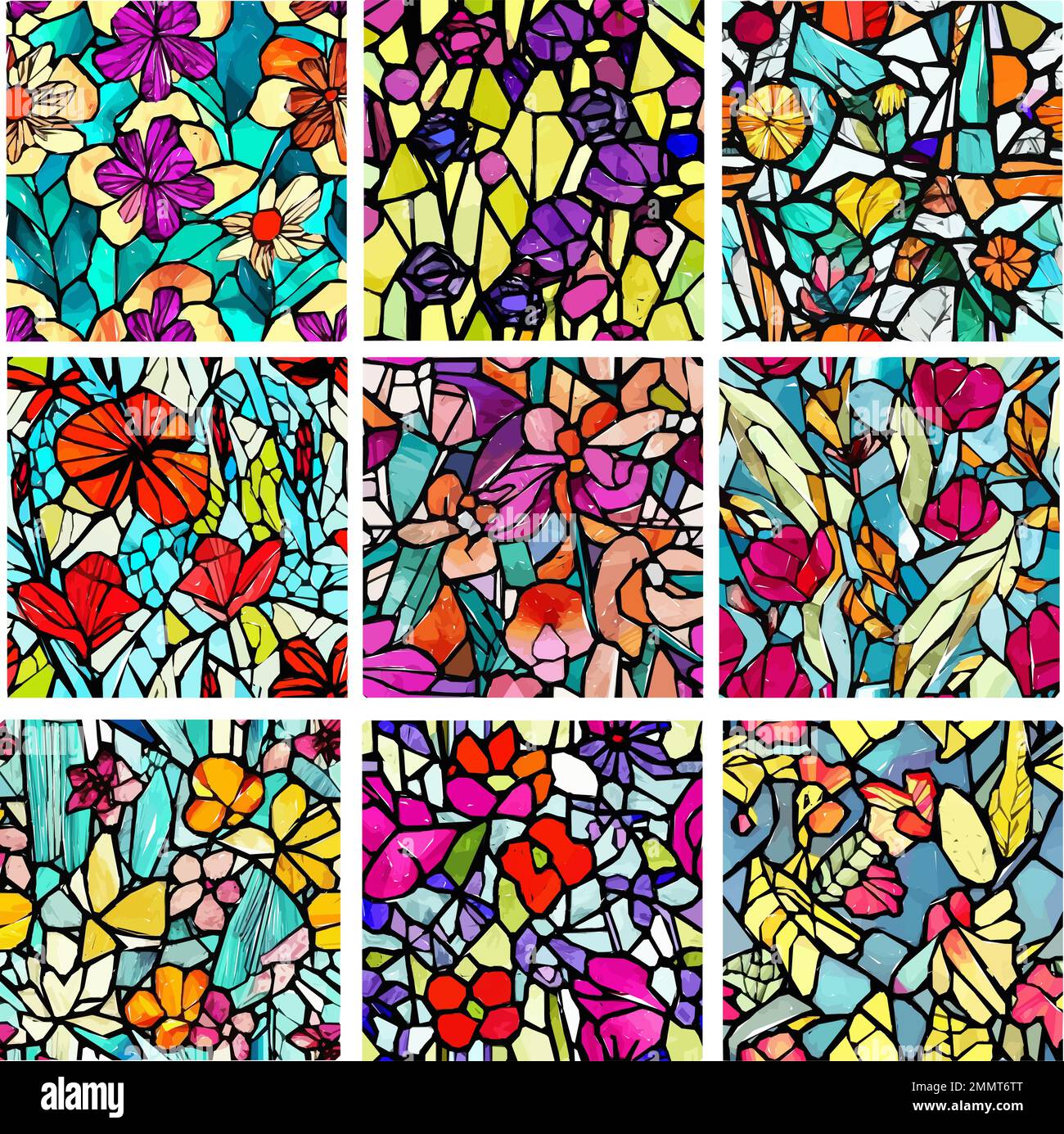 Set of stained glass patterns with flowers and leaves. Colorful vector