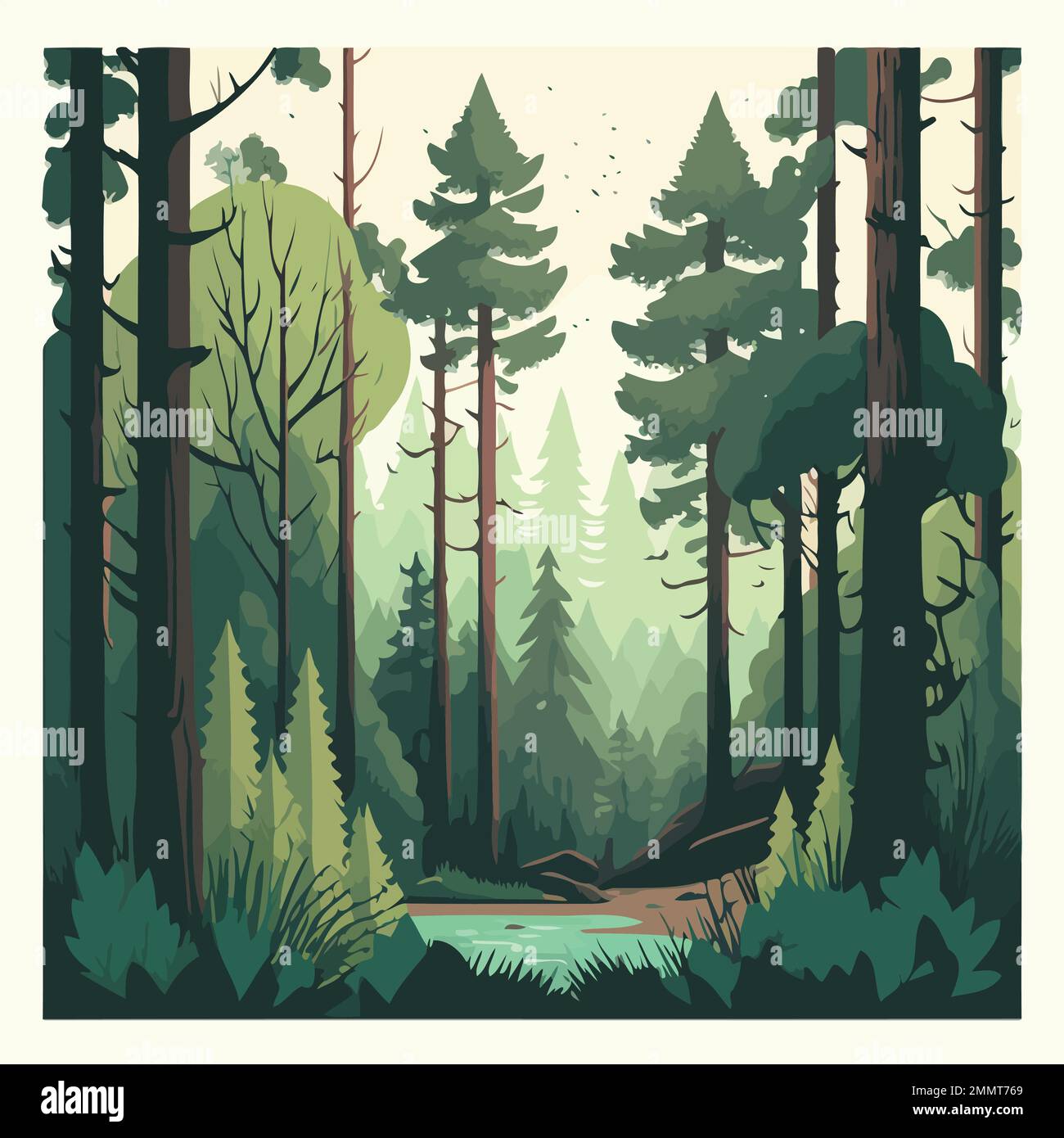 Colorful vector illustration of woodland forest landscape with trees ...