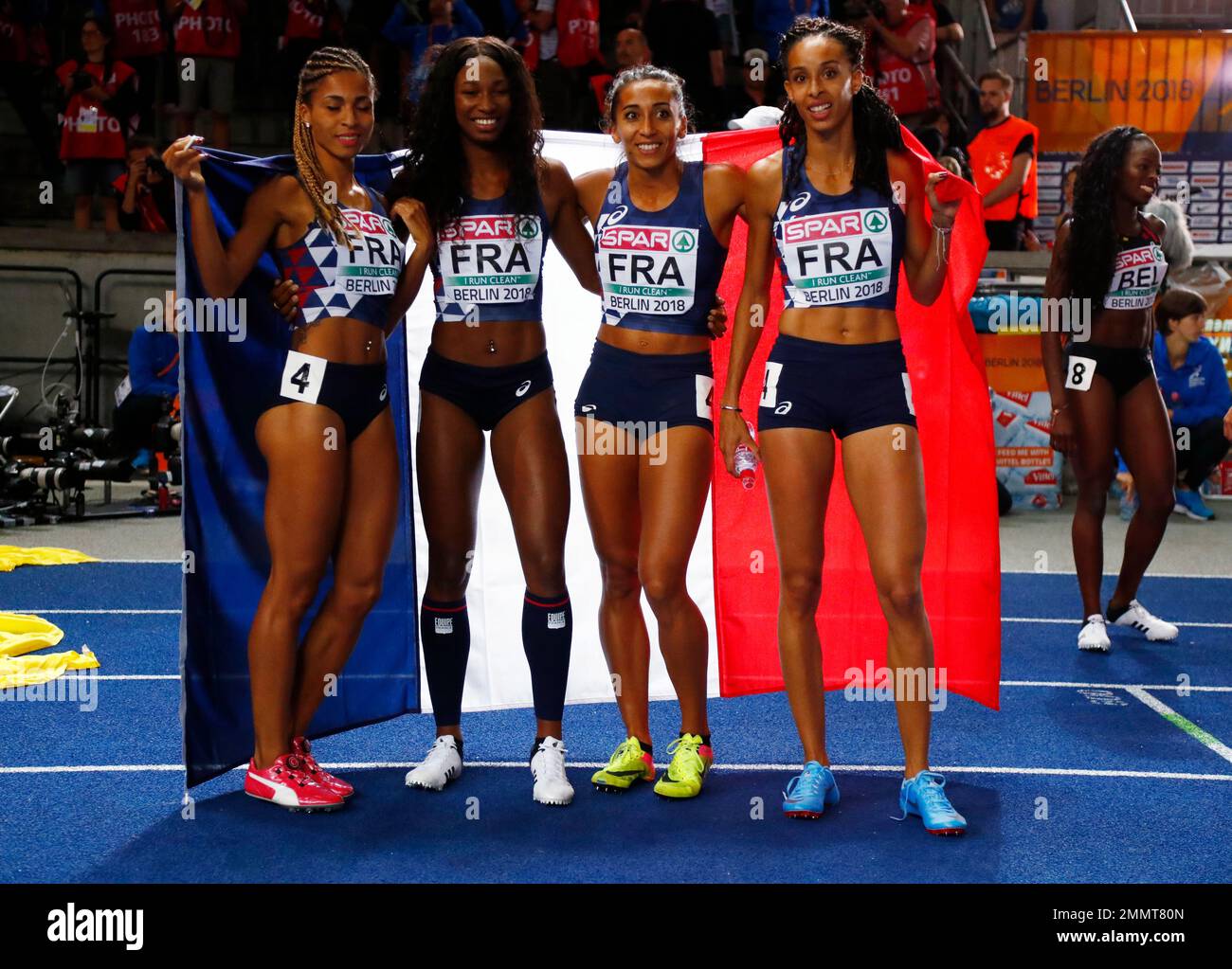 The French team celebrate after winning the silver in the women's 4x400