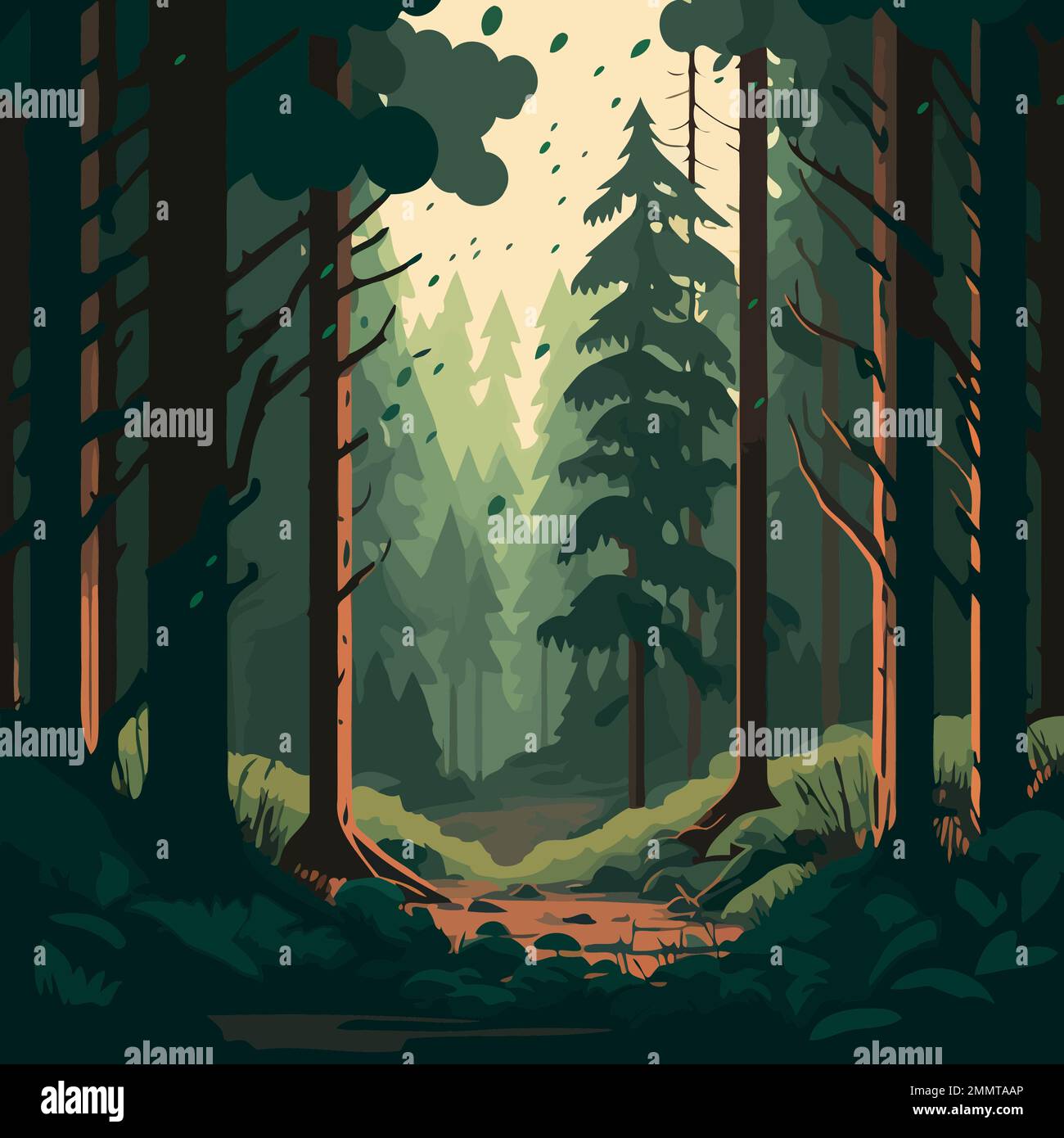 Colorful vector illustration of woodland forest landscape with trees ...