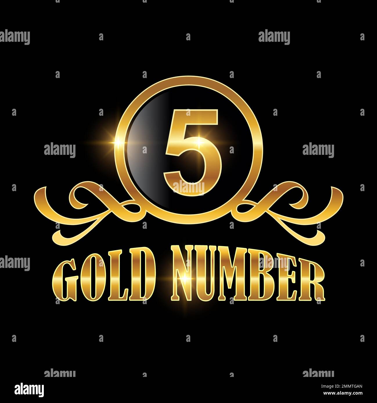 Golden Number 5 Logo Vector Sign in black background with gold shine