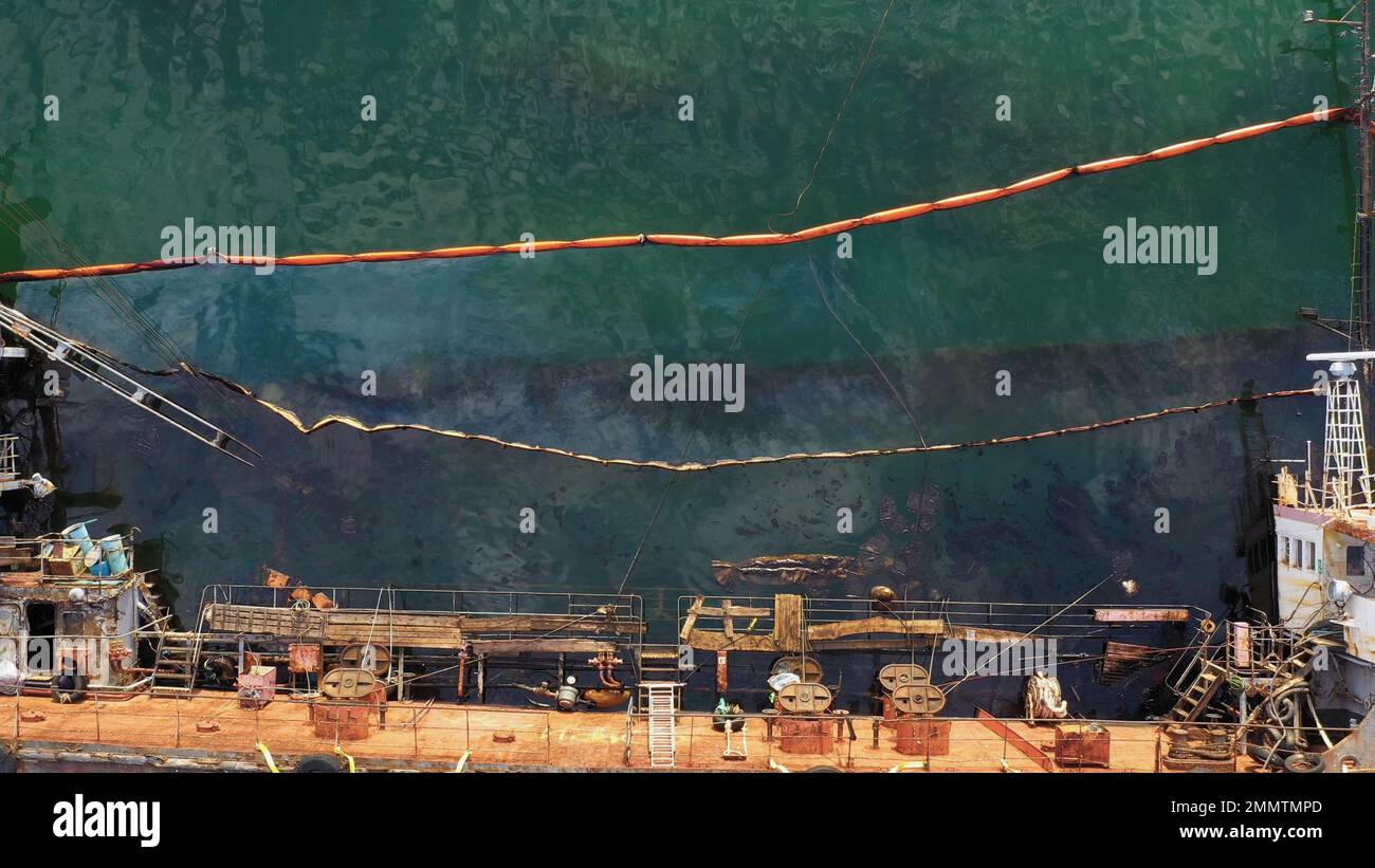 Top view of the deck of the sunken ship. The collapse of an oil tanker