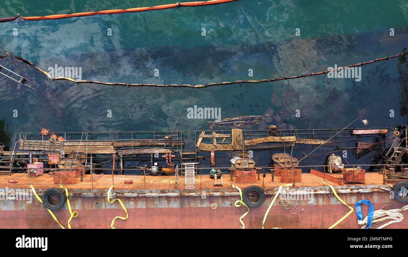 Oil tanker ran aground. Severe oil pollution of the sea. Ecological