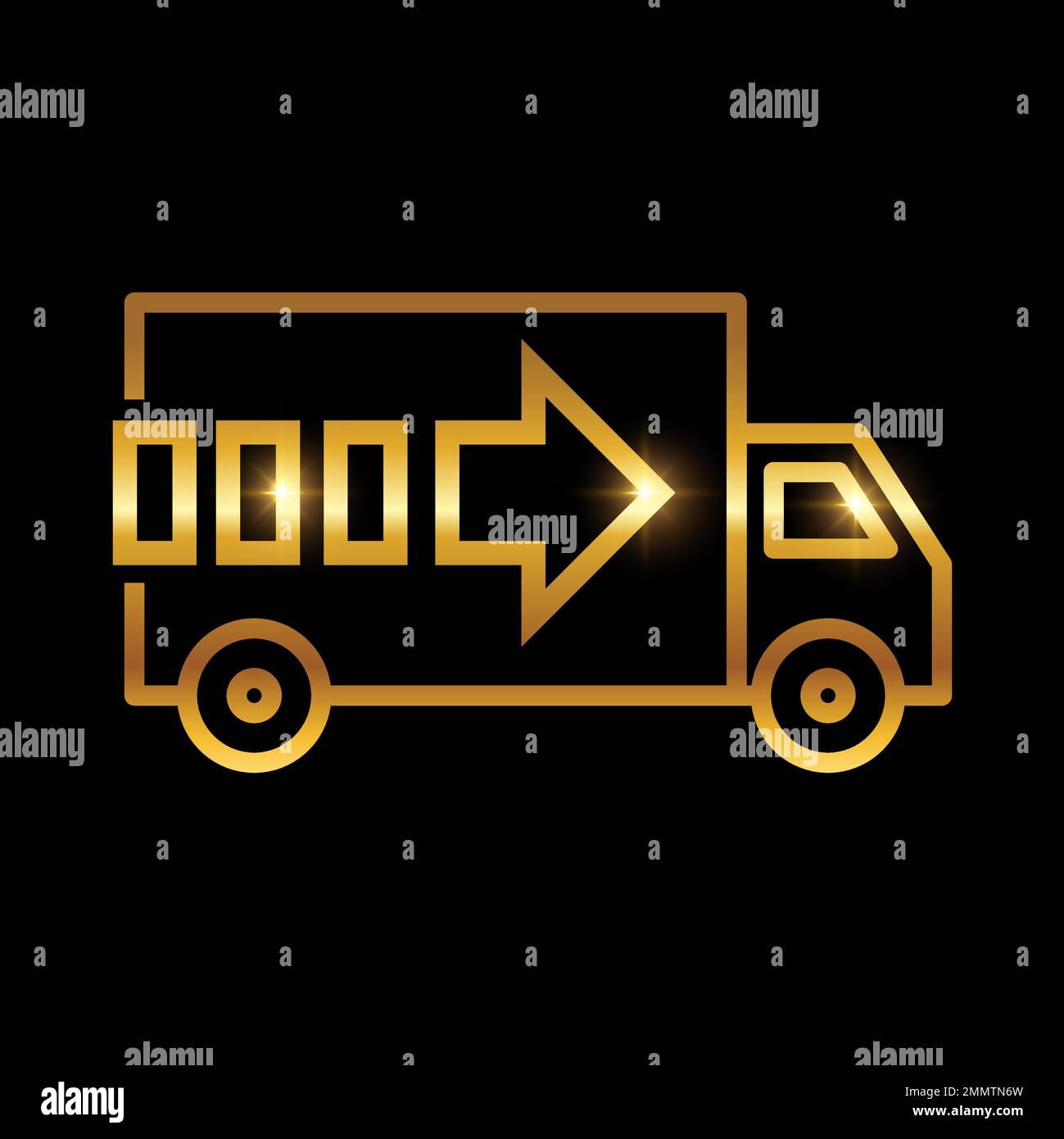 Vector Illustration of Golden Food Truck Delivery Service Icon in black background with gold shine effect Stock Vector