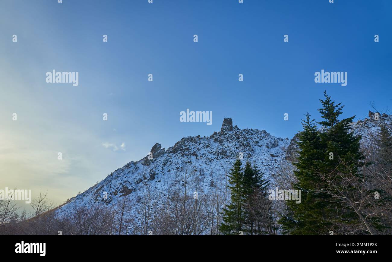 Beautiful winter view of Mountain Usuzan in Lake Toya, Hokkaido, Japan Stock Photo