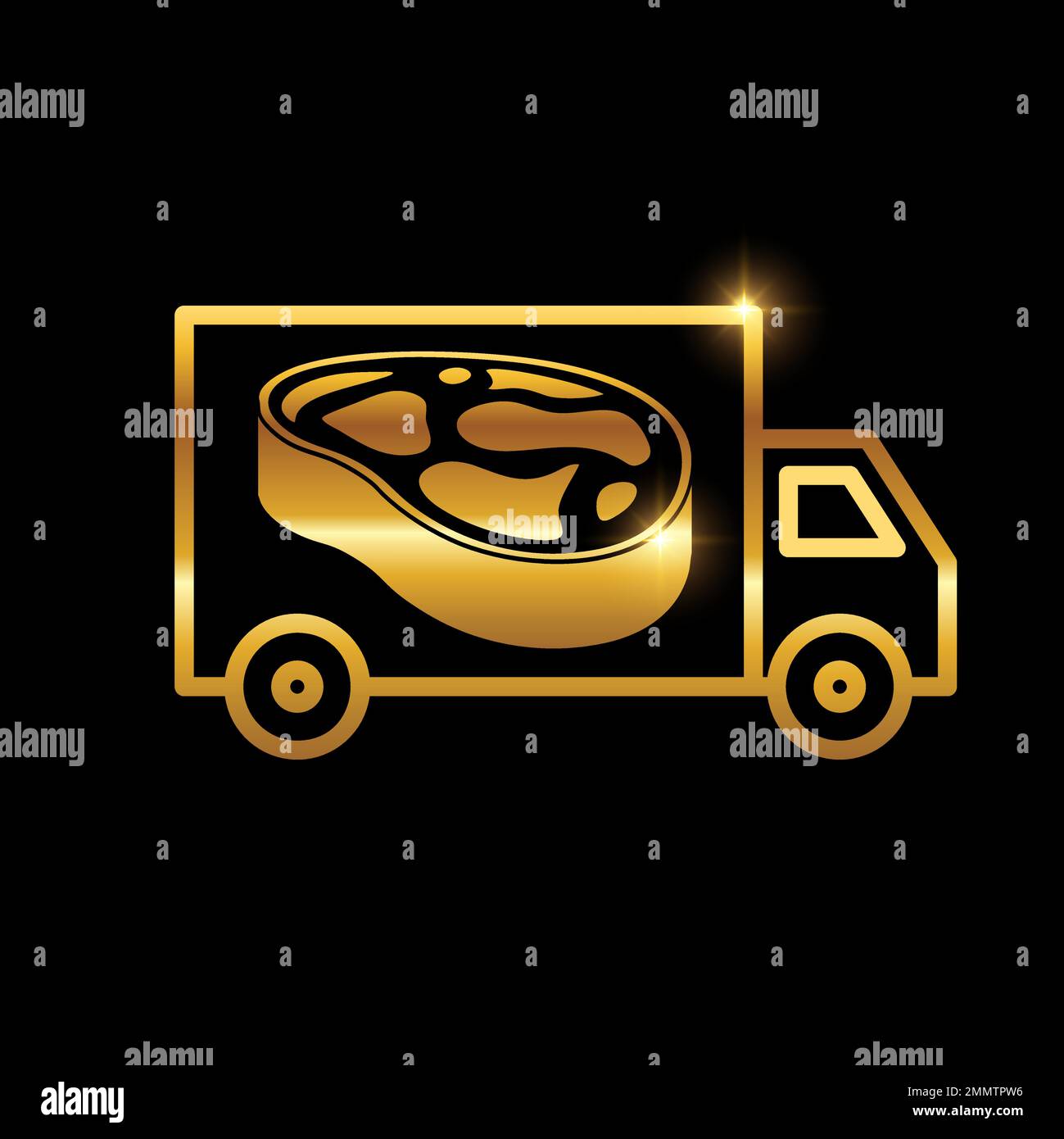 Vector Illustration of Golden Food Truck Delivery Service Icon in black background with gold shine effect Stock Vector