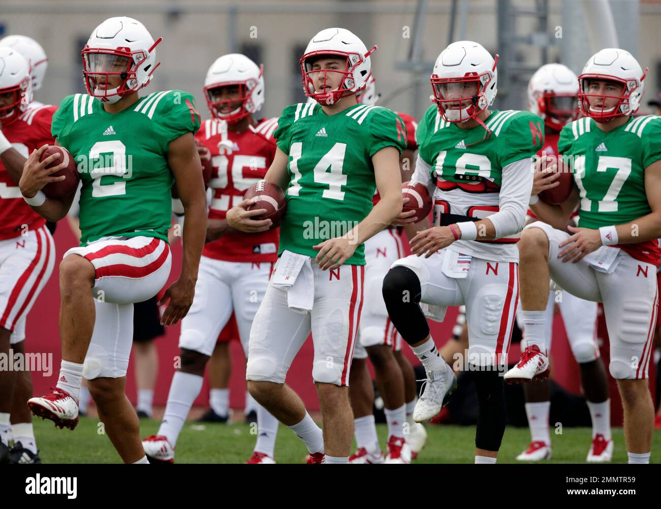 Nebraska quarterbacks Adrian Martinez (2), Tristan Gebbia (14), Noah