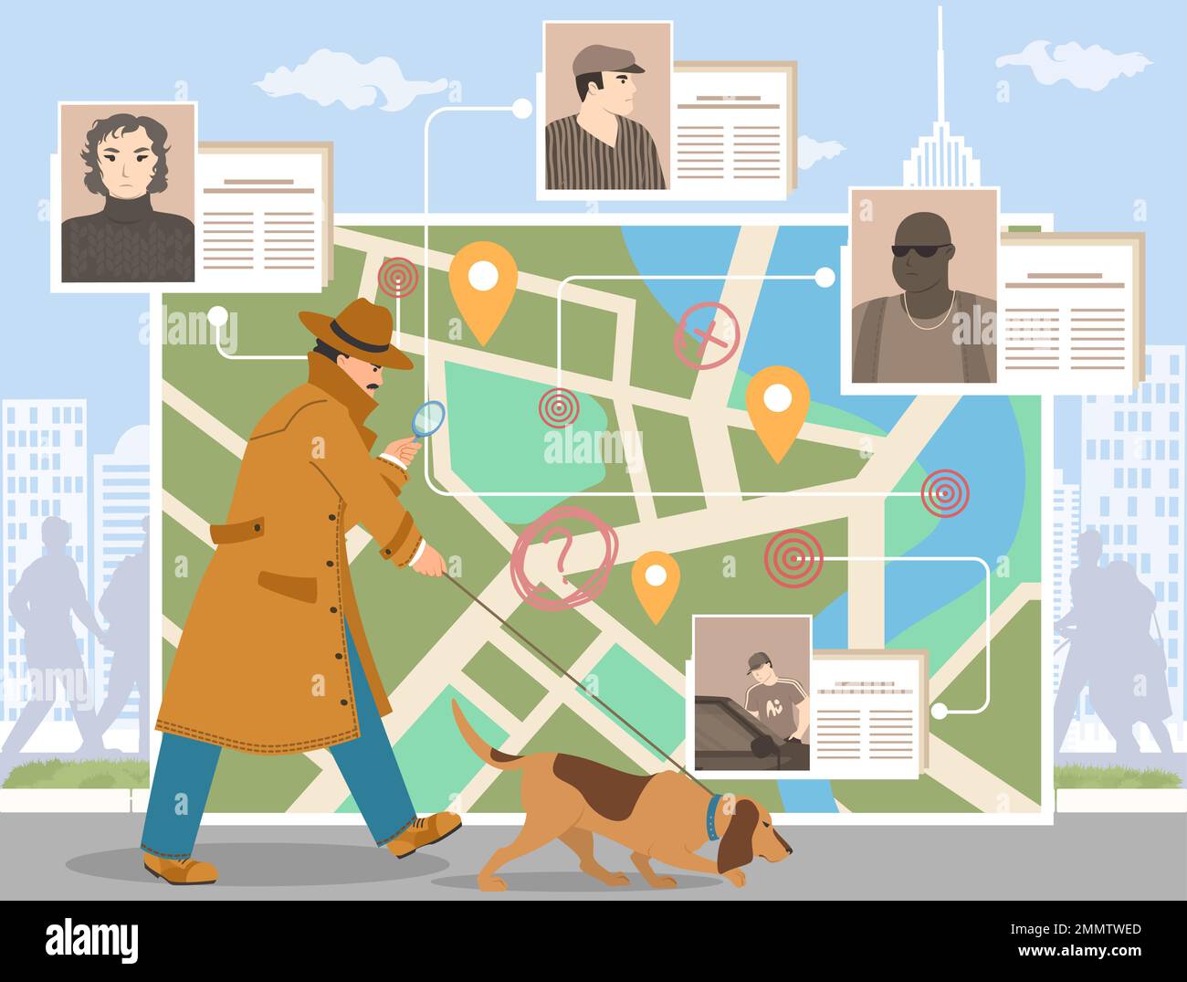 Detective with magnifying glass and tracker dog Stock Vector