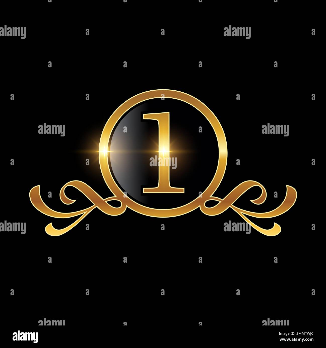 Golden Number 1 Logo Vector Sign in black background with gold shine