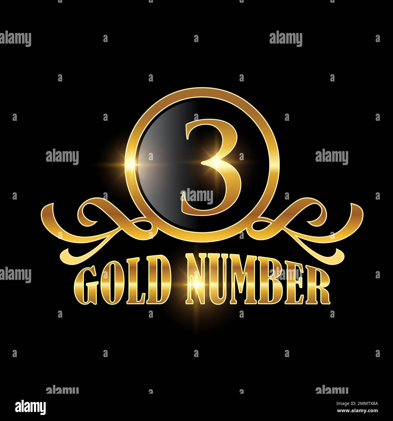 Golden Number 3 Logo Vector Sign in black background with gold shine