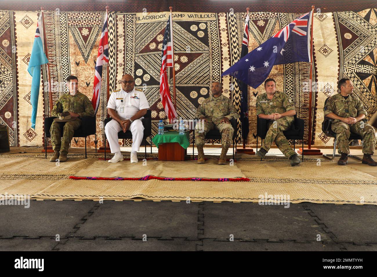 Col. Cain Wright, Australian Defence Force defence advisor, Commodore Humphrey Tawake, Republic of Fiji Military Forces deputy commander, Maj. Gen. Reginald G.A. Neal, U.S. Army Pacific deputy commander – mobilization and reserve affairs, Brigadier Hugh McAslan, New Zealand land component commander, Wing Commander Andy Bryant, British Armed Forces defence advisor, left to right, preside over the closing ceremony for Exercise Cartwheel at Blackrock Training Camp, Fiji, September 23, 2022. Exercise Cartwheel is a multilateral military-to-military training exercise with the U.S., Republic of Fiji Stock Photo