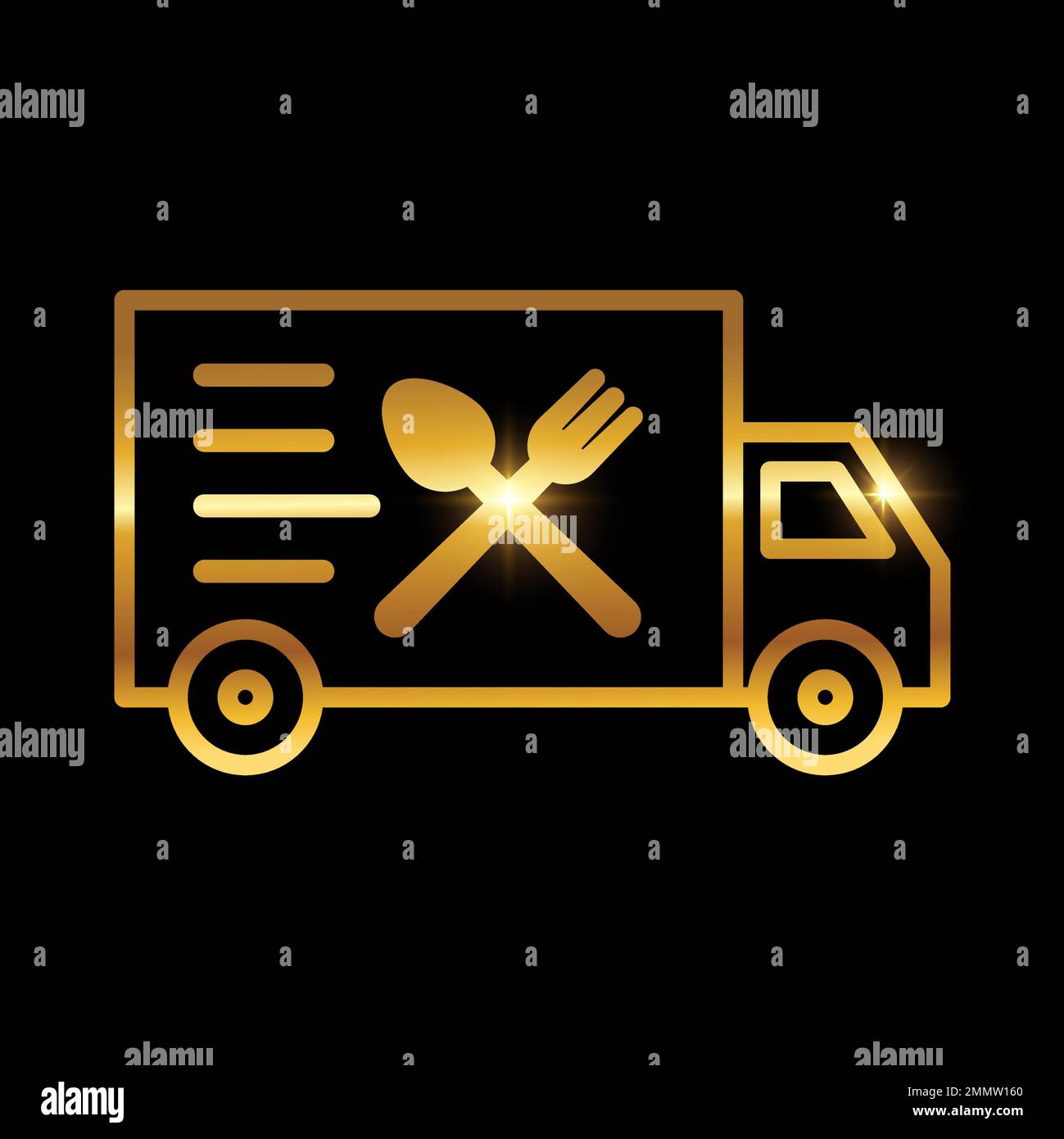 Vector Illustration of Golden Food Truck Delivery Service Icon in black background with gold shine effect Stock Vector