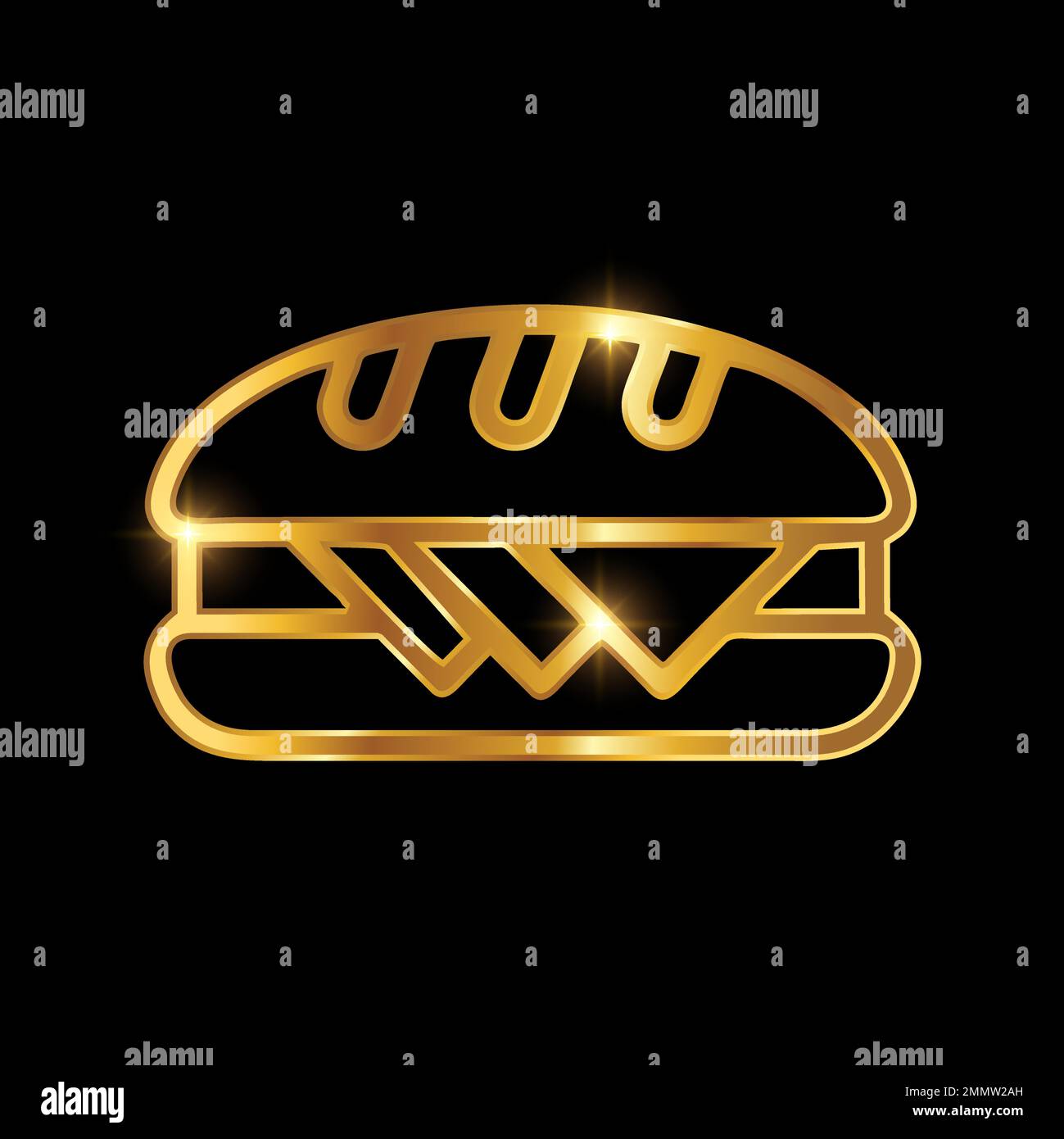 A Vector illustration of Golden Luxury Sandwich Vector Icon Logo Sign in black background with gold shine effect Stock Vector
