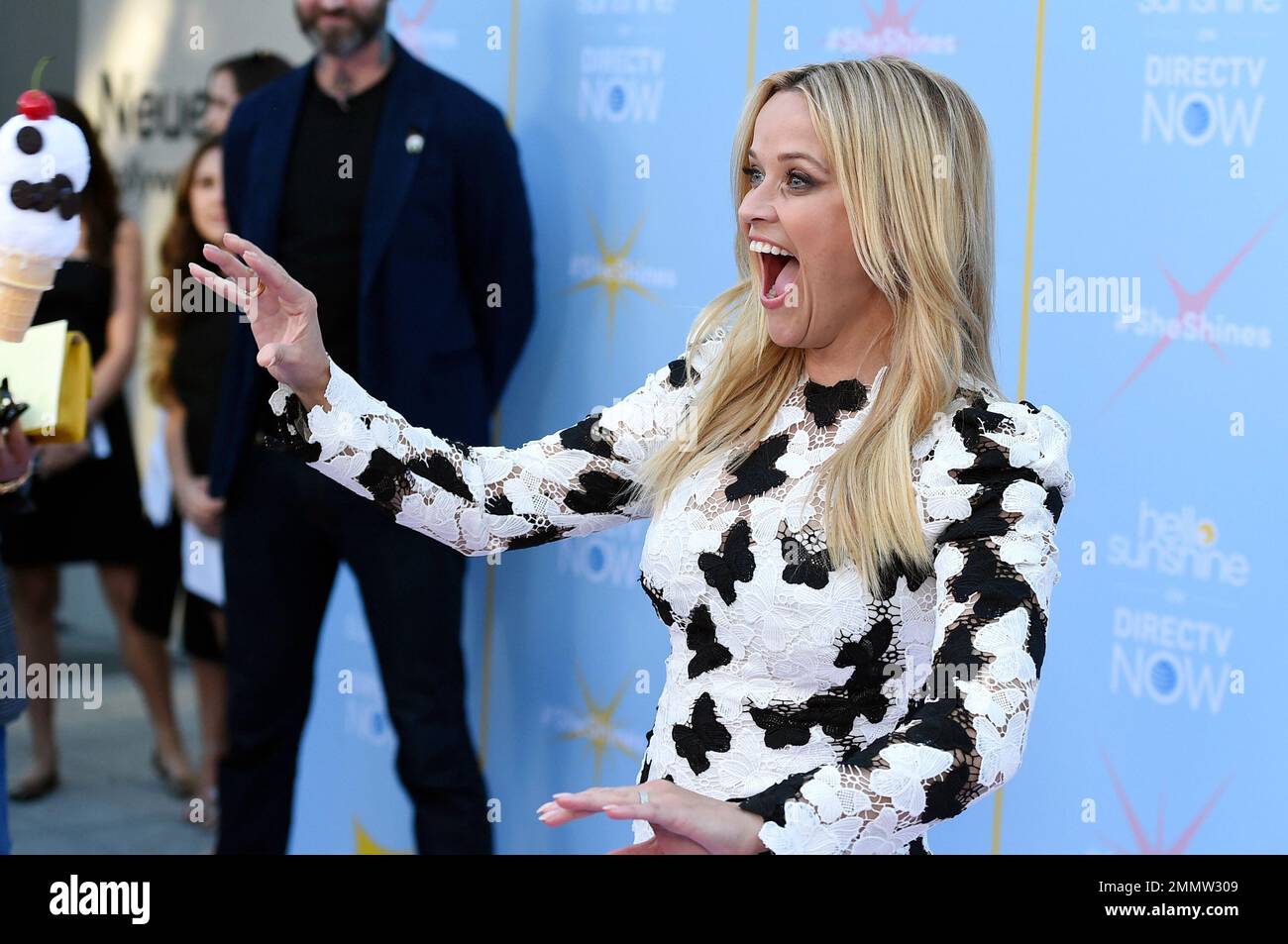 Reese Witherspoon jokingly reenacts the time she threw an ice-cream cone at Meryl Streep at the Hello Sunshine Video on Demand channel launch at NeueHouse Hollywood on Monday, Aug