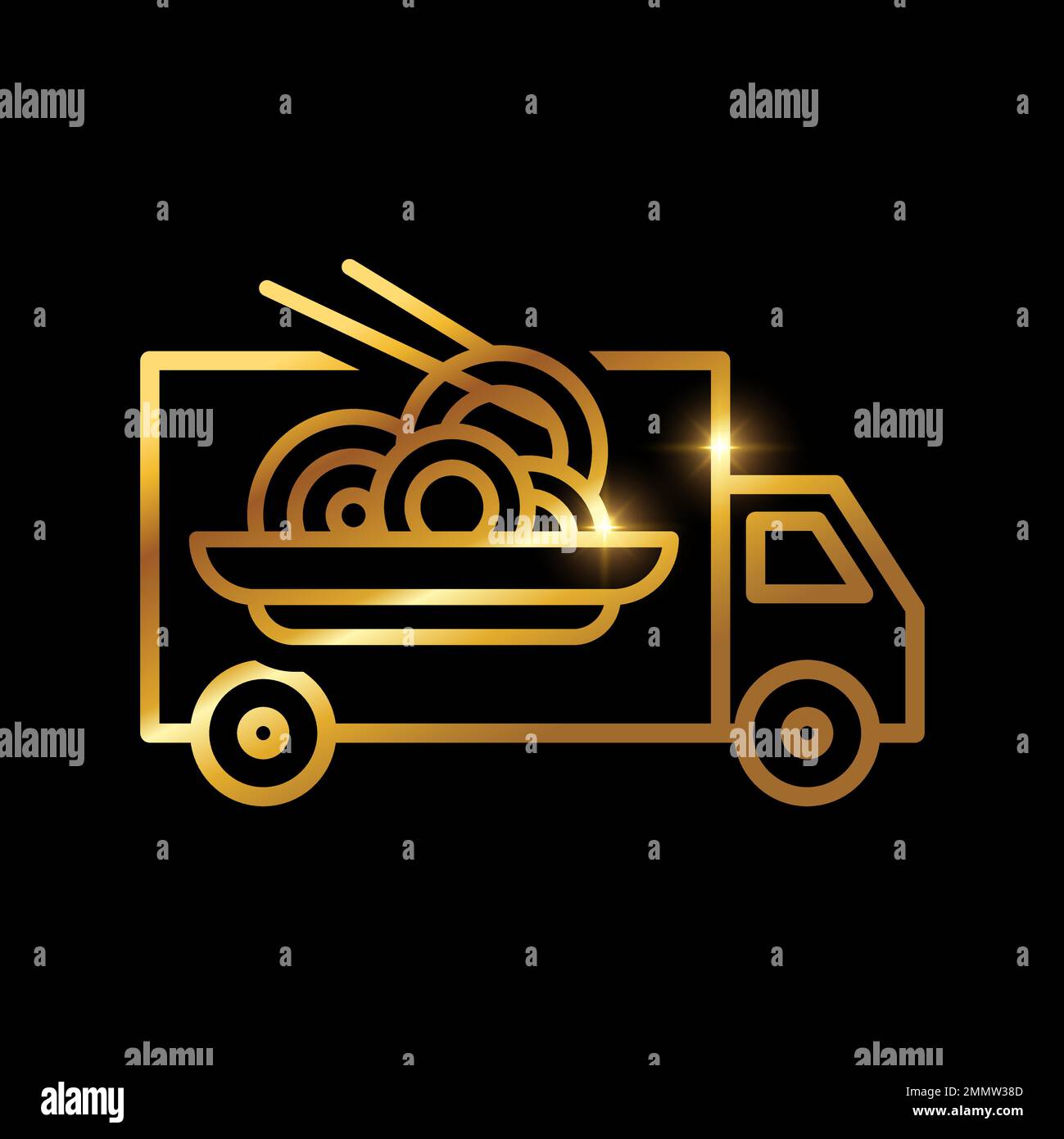 Vector Illustration of Golden Food Truck Delivery Service Icon in black background with gold shine effect Stock Vector