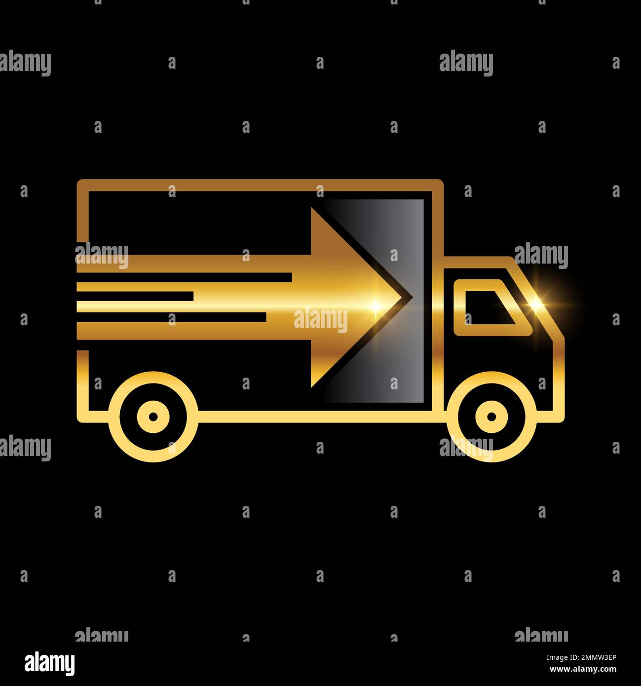 Vector Illustration of Golden Food Truck Delivery Service Icon in black background with gold shine effect Stock Vector