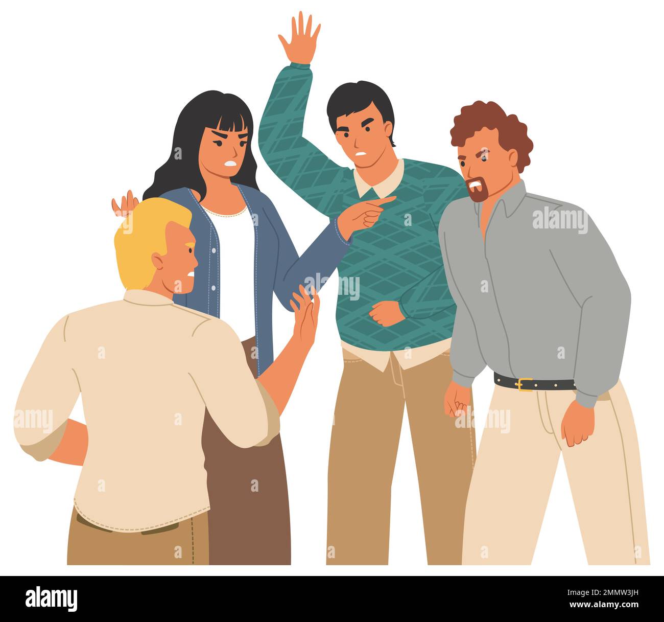 Group conflict vector illustration. Angry people arguing and fighting