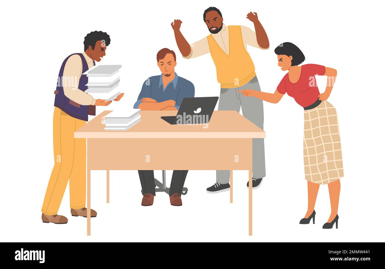 Work conflict in office vector. Coworker team shouting on overworked